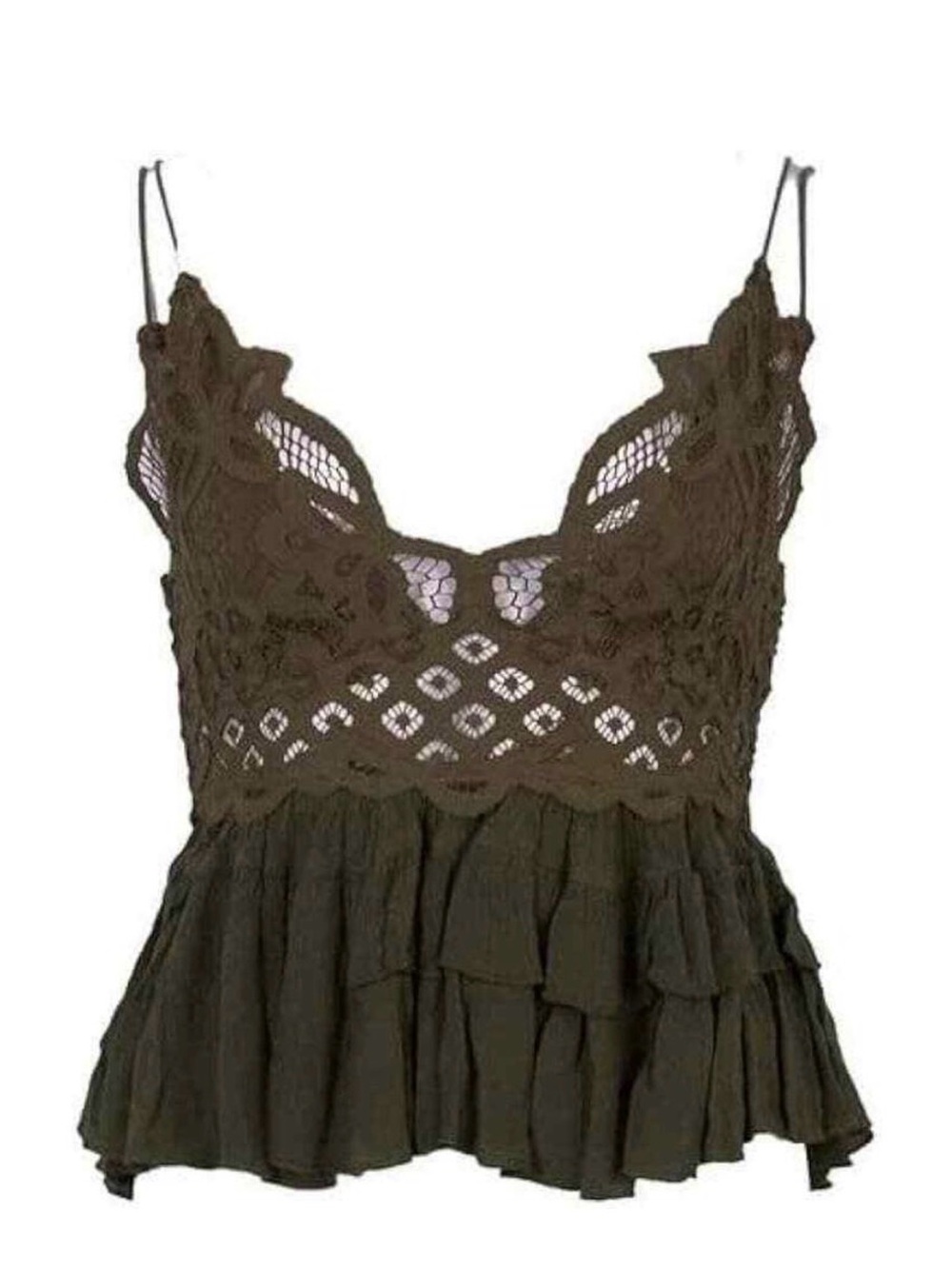 Free People Adella Cami Medium Lace Ruffled Tank Top in Olive Sparrow color - Picture 1 of 2